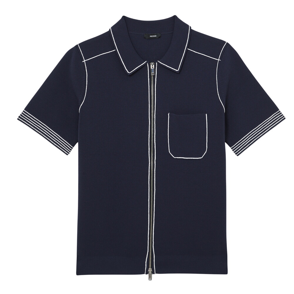 REISS Bruno Navy Sleeve-Trim Half-Zip Polo Shirt